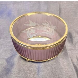Vtg Frosted Glass Jewelry Box Trinket Dish Etched Hummingbird Floral Gold Trim